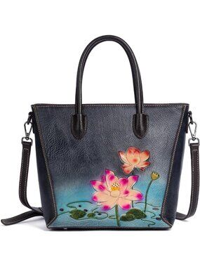 Vintage Leather Handbag for Women - Hand-Embossed Floral Crossbody Purse